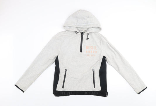 Diesel Women Grey Hoodie Large 1/4 Zip Lined Cotton Blend Hooded Sweatshirt
