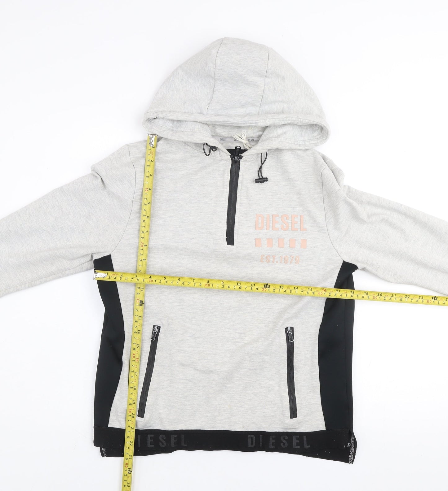 Diesel Women Grey Hoodie Large 1/4 Zip Lined Cotton Blend Hooded Sweatshirt