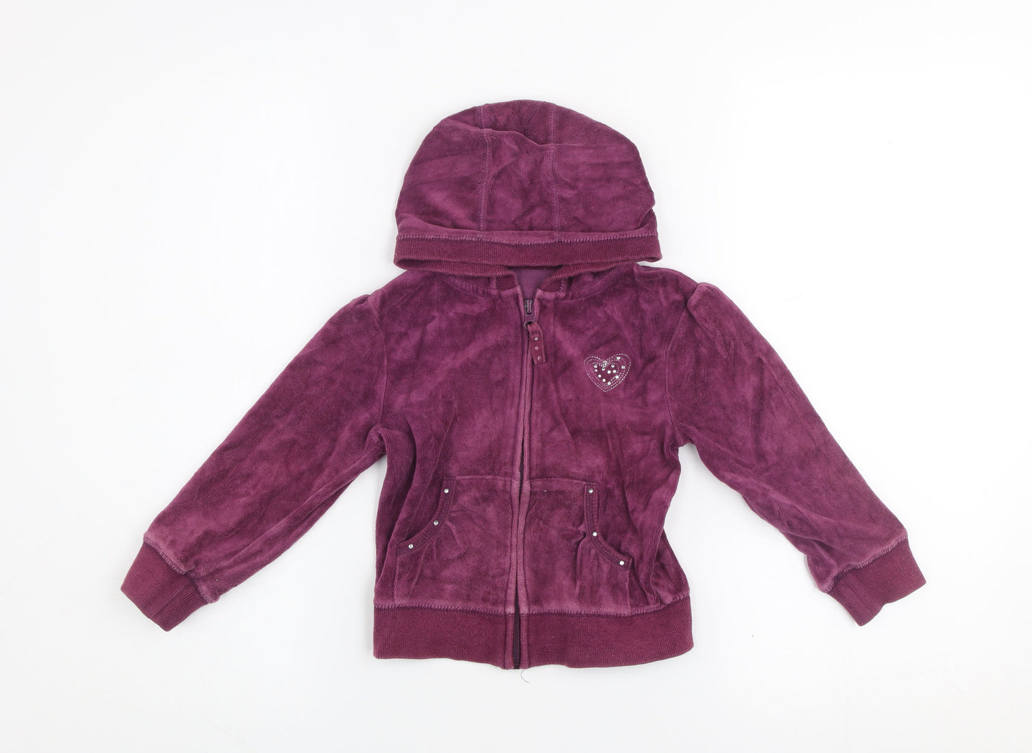 Dunnes Girls Purple Velour Full Zip Hoodie Age 4 Years Rhinestone Heart
