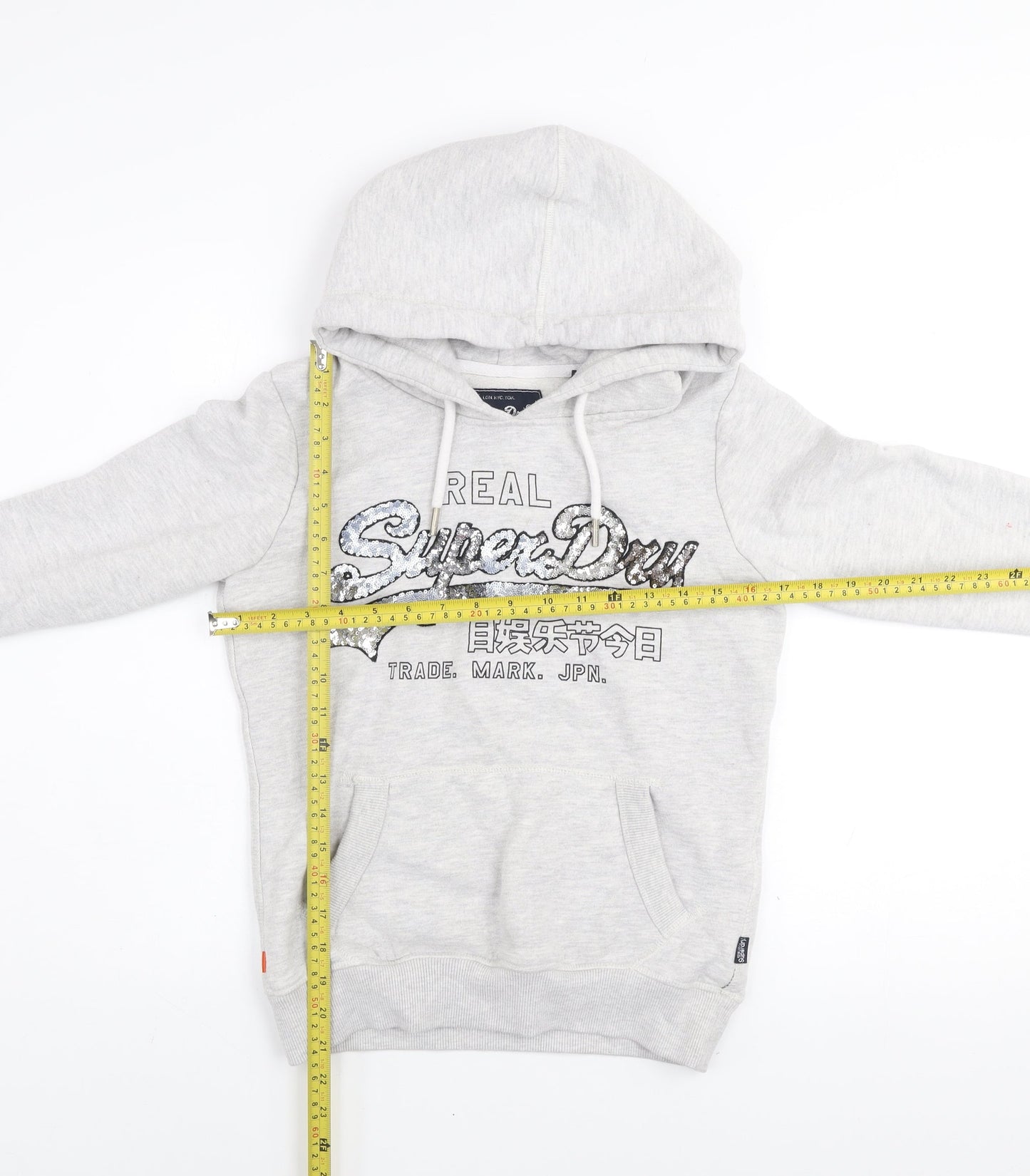 Superdry Womens Grey Sequin Logo Pullover Hoodie Size 8