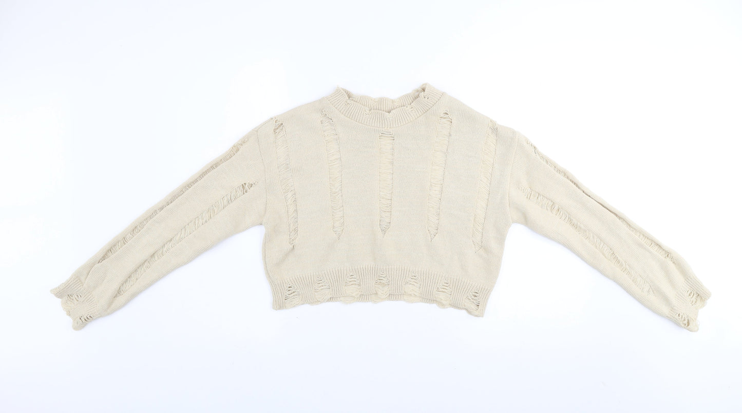 Pink Vanilla Women’s Beige Distressed Knit Jumper UK M Pullover
