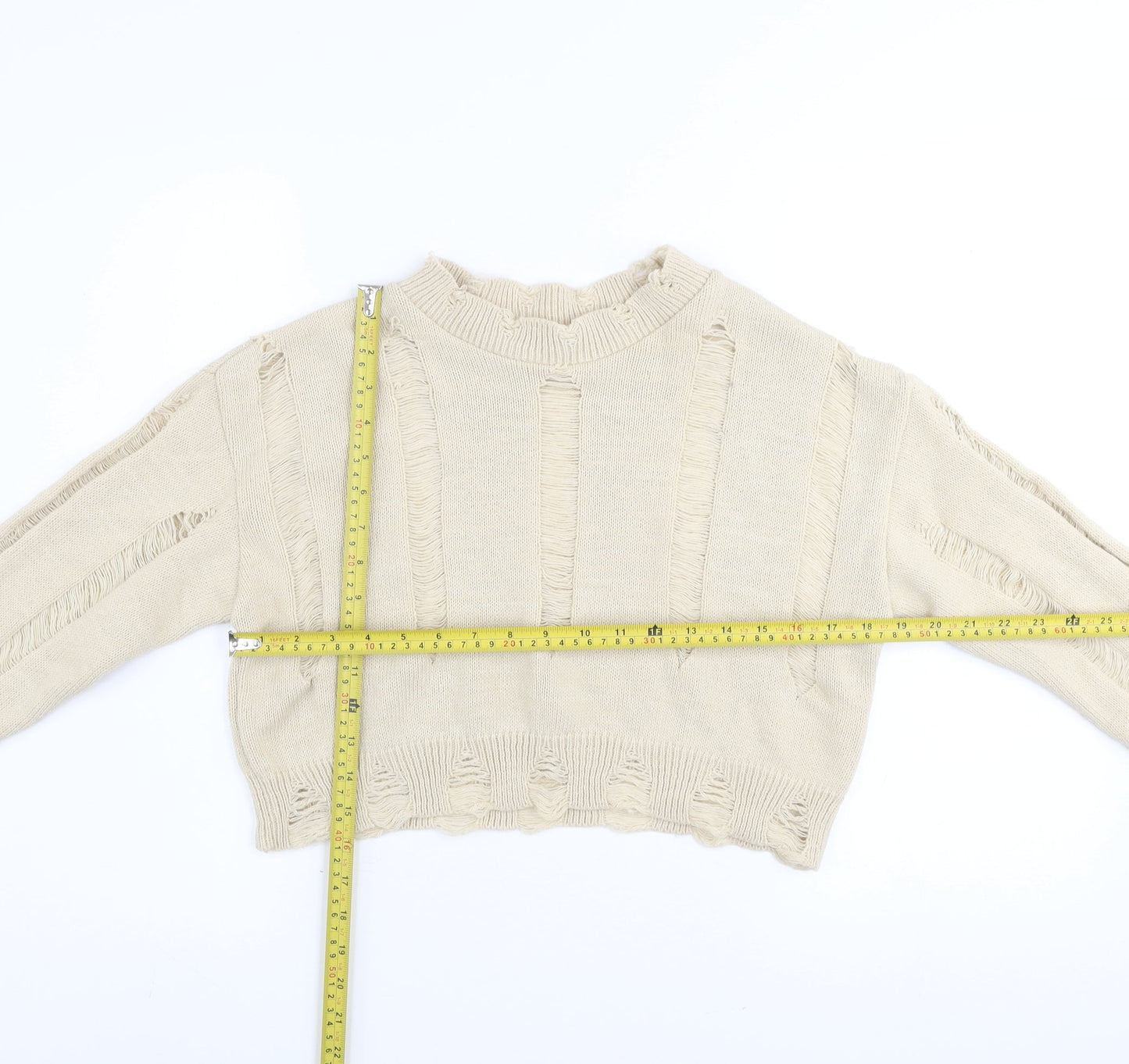 Pink Vanilla Women’s Beige Distressed Knit Jumper UK M Pullover