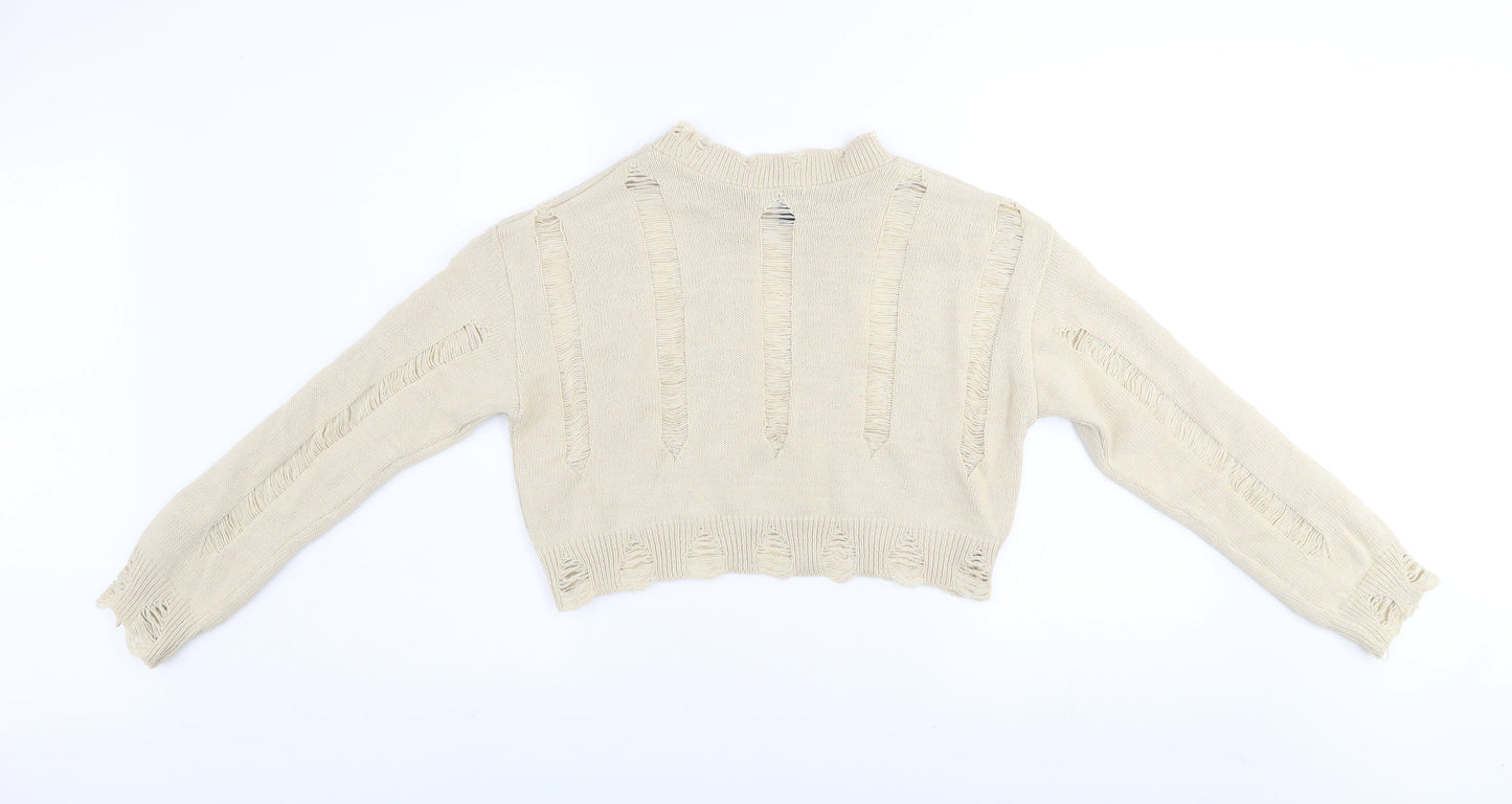 Pink Vanilla Women’s Beige Distressed Knit Jumper UK M Pullover