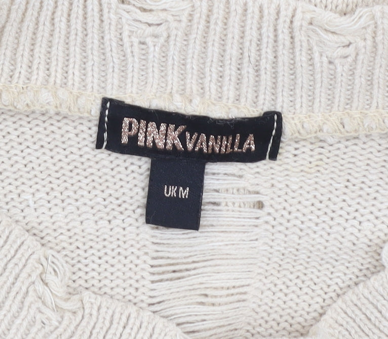 Pink Vanilla Women’s Beige Distressed Knit Jumper UK M Pullover