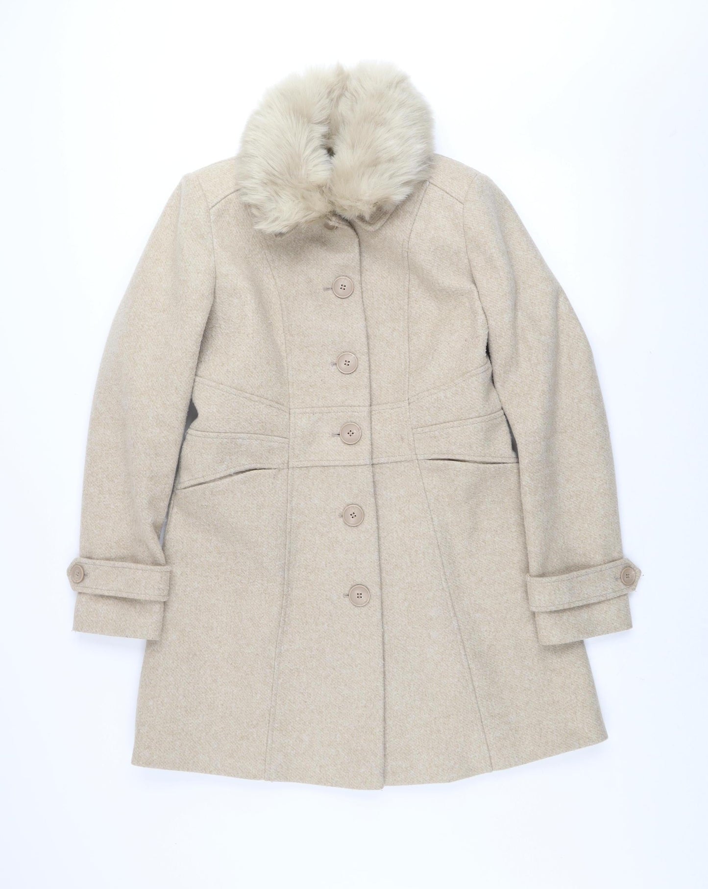 Oasis Women's Beige Faux Fur Collar Mid-Length Overcoat Size M