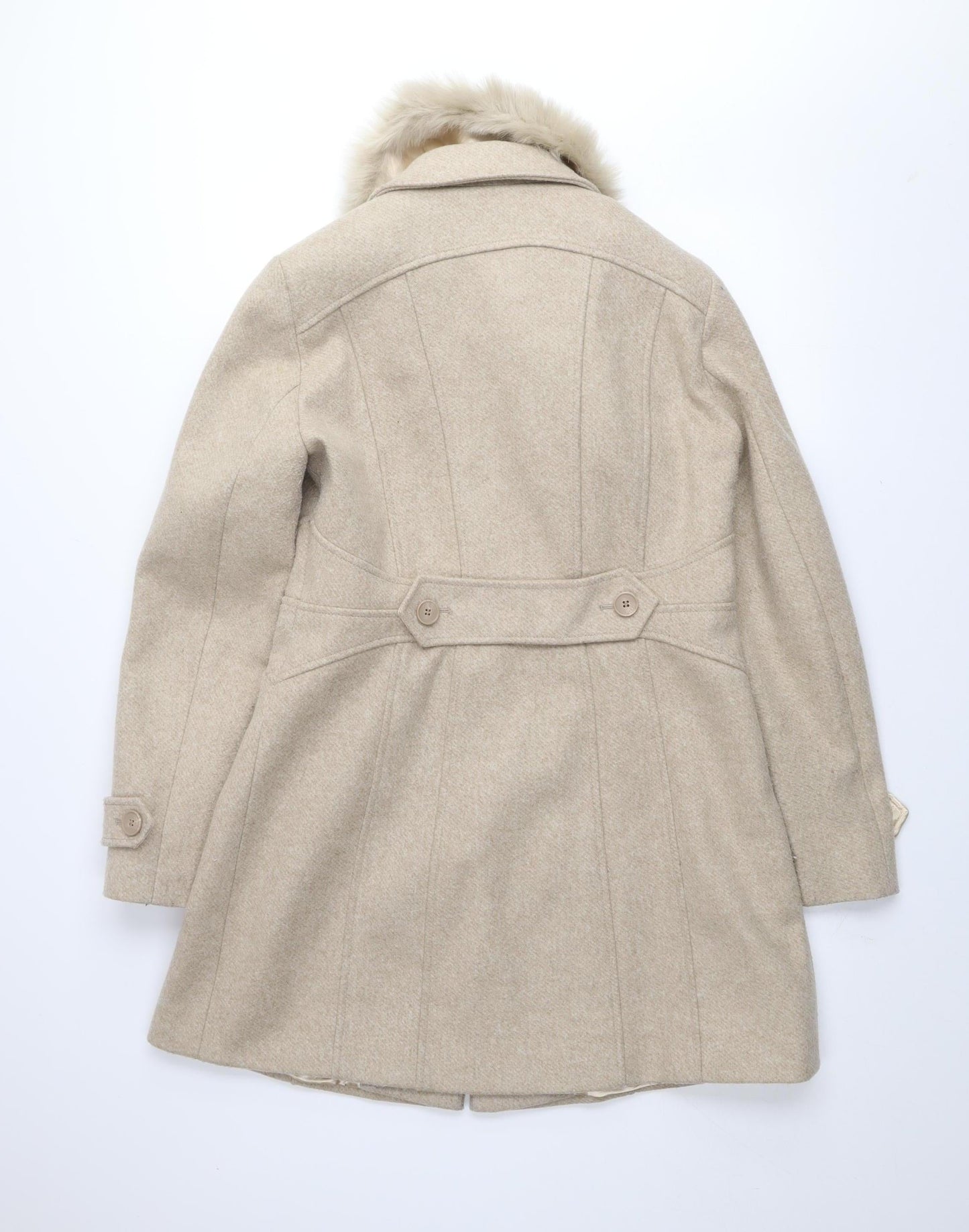 Oasis Women's Beige Faux Fur Collar Mid-Length Overcoat Size M