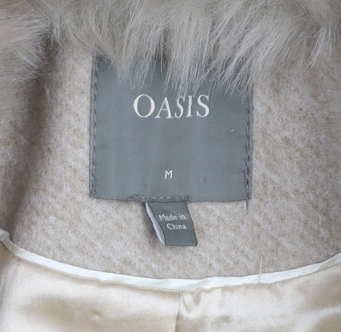 Oasis Women's Beige Faux Fur Collar Mid-Length Overcoat Size M