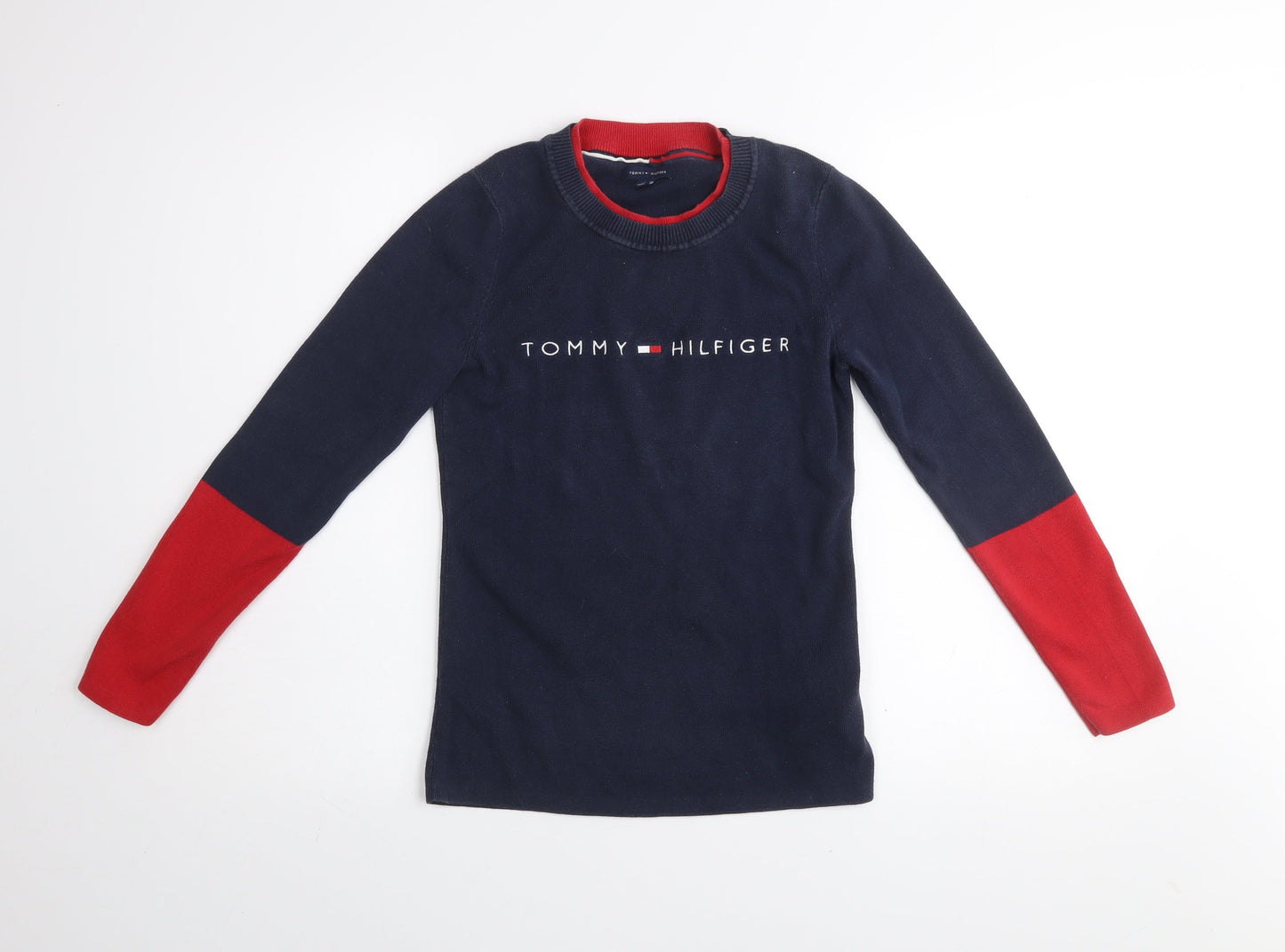 Tommy Hilfiger Womens Blue Red Crew Neck Cotton Jumper Size S