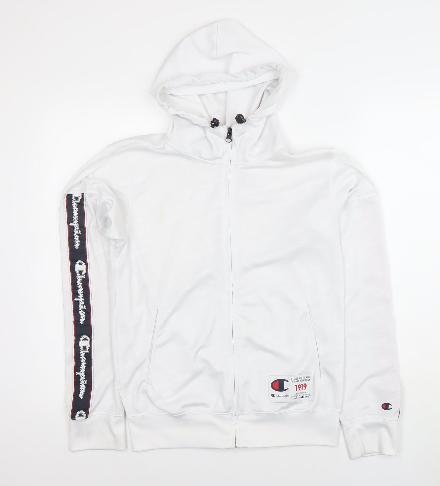 Champion Men White Full Zip Hoodie S Logo Sports Polyester