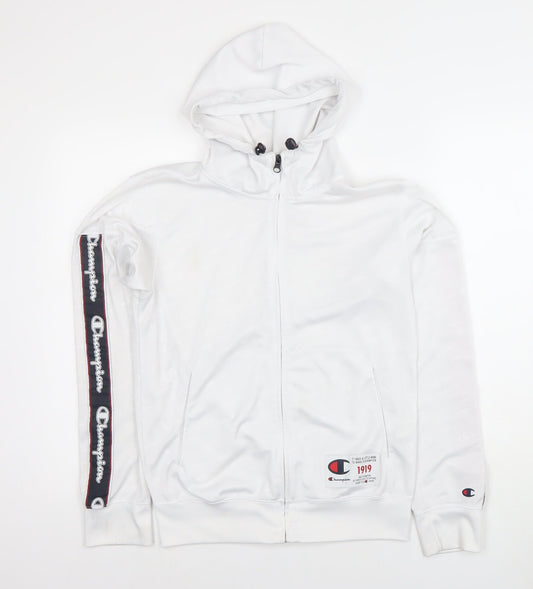 Champion Men White Full Zip Hoodie S Logo Sports Polyester