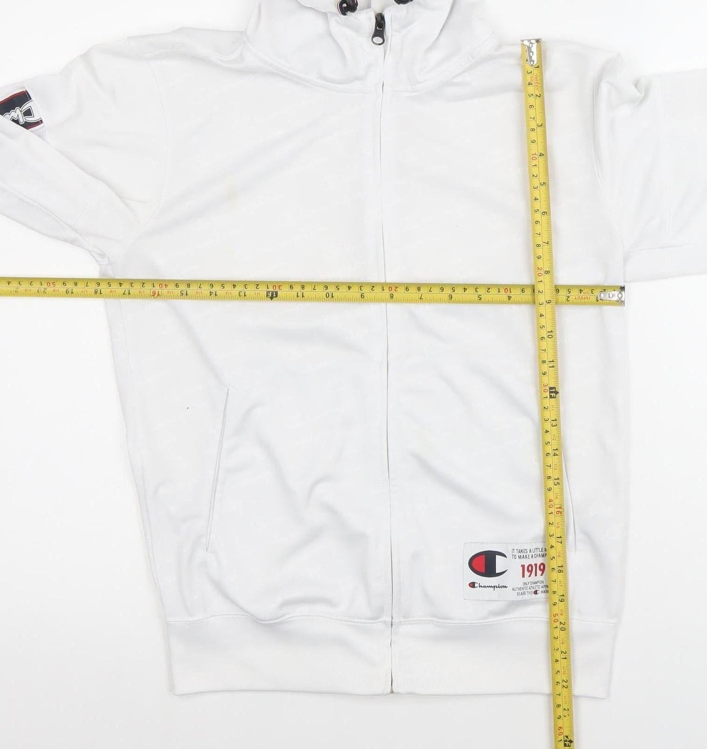 Champion Men White Full Zip Hoodie S Logo Sports Polyester