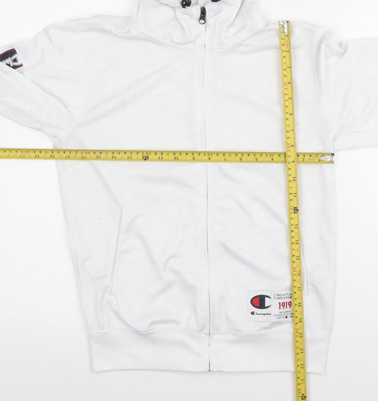 Champion Men White Full Zip Hoodie S Logo Sports Polyester