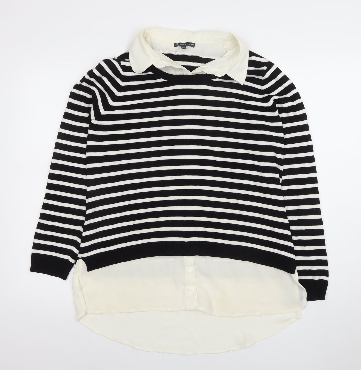 Adrianna Papell Women’s Black Striped Collared Long Sleeve Jumper L