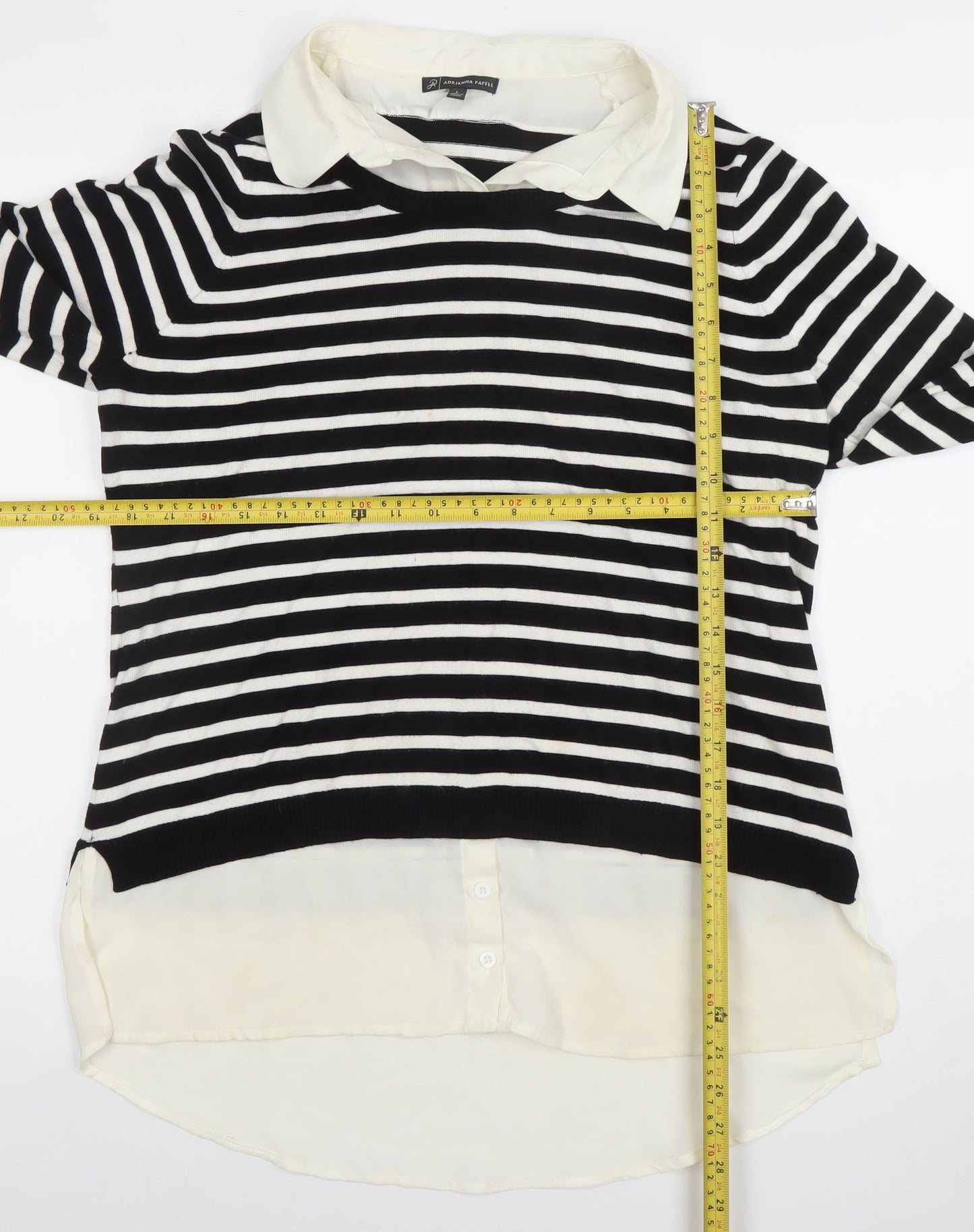 Adrianna Papell Women’s Black Striped Collared Long Sleeve Jumper L