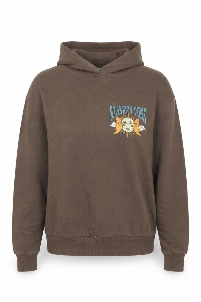 Pull & Bear Women Brown XS Pullover Hoodie No Hurry Vibes Graphic Print