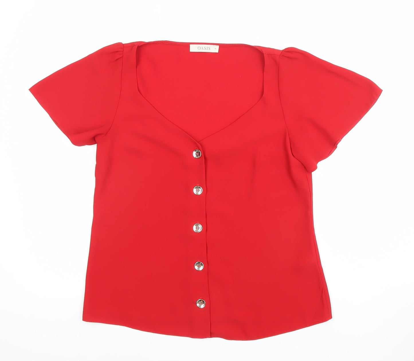 Oasis Women Red Short Sleeve V-Neck Button Blouse Size 10