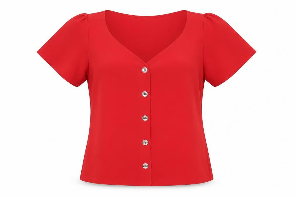 Oasis Women Red Short Sleeve V-Neck Button Blouse Size 10