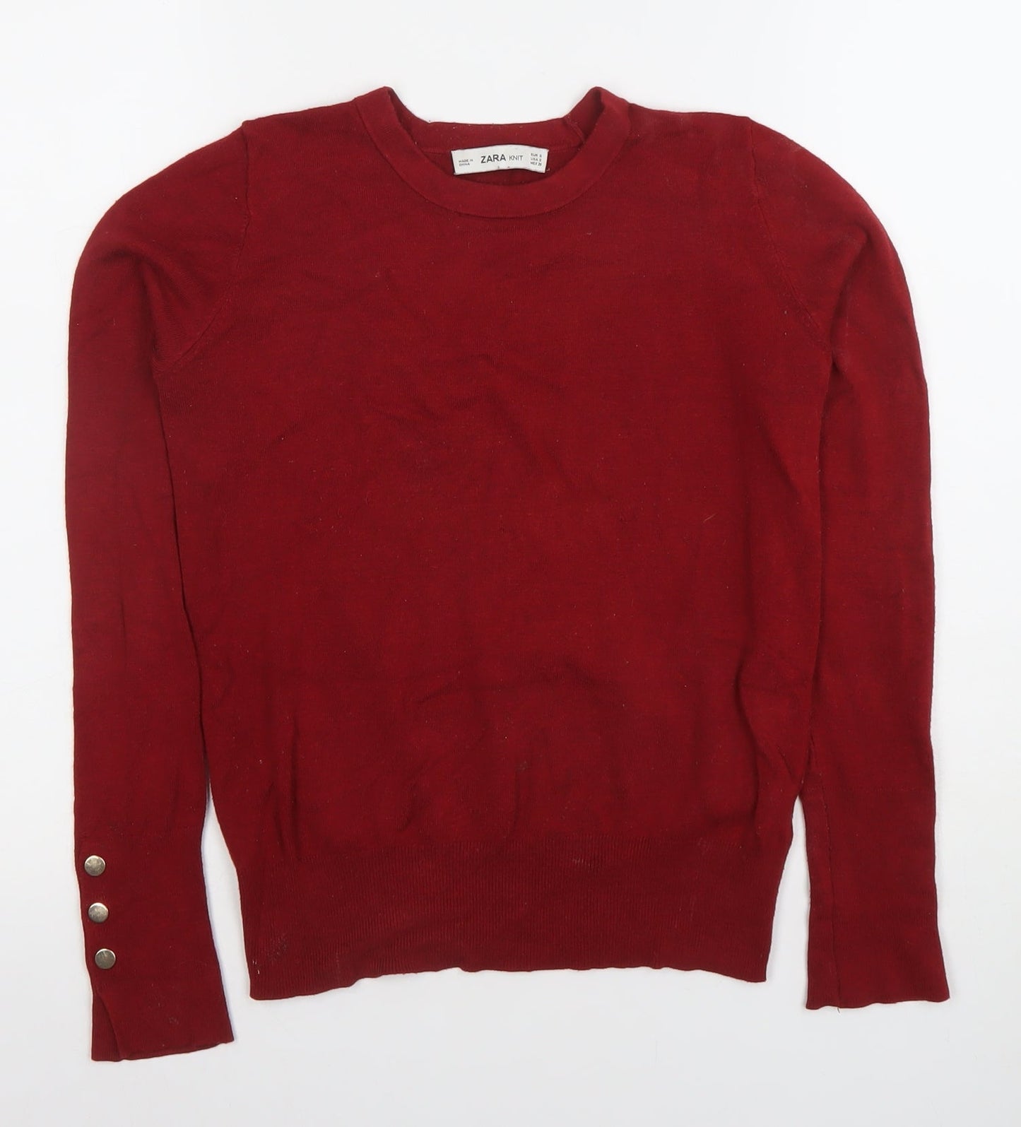 Zara Women Red Knit Crew Neck Long Sleeve Button Trim Top Size 8
