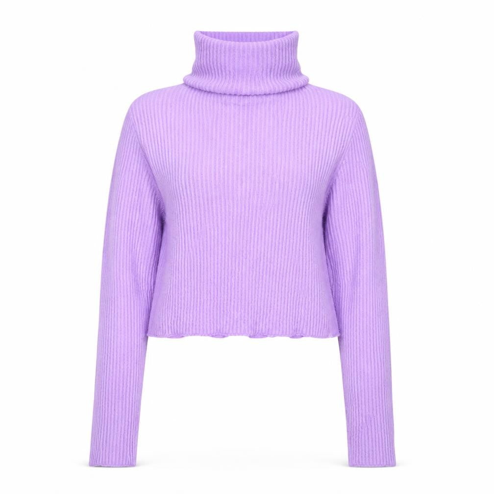 Bershka Women’s Purple Roll Neck Cropped Ribbed Knit Jumper Size S