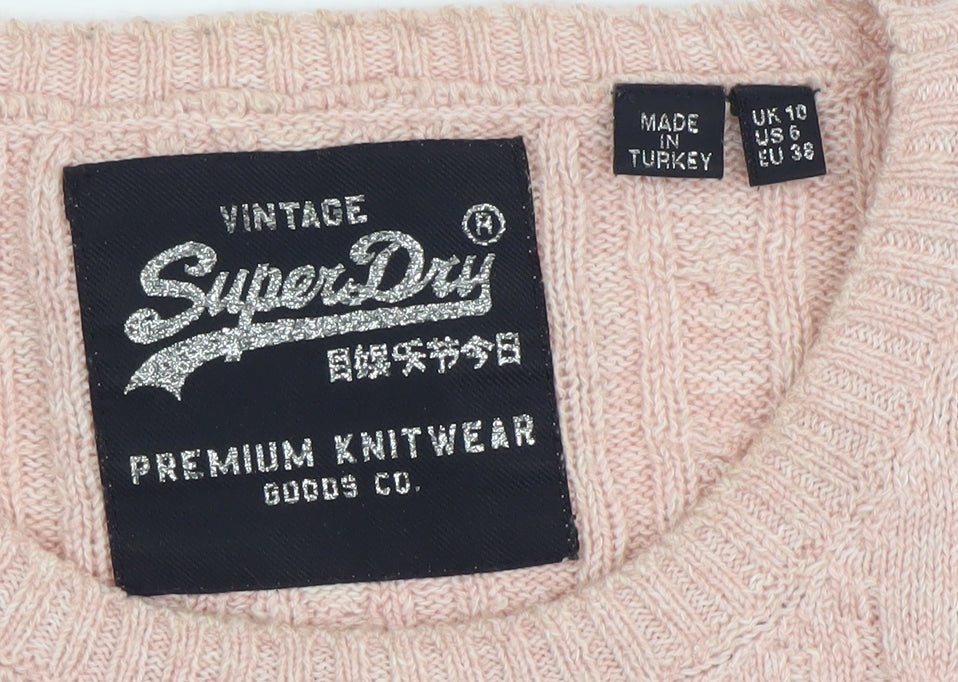 Superdry Women's Pink Cable-Knit Crew Neck Jumper Size 10