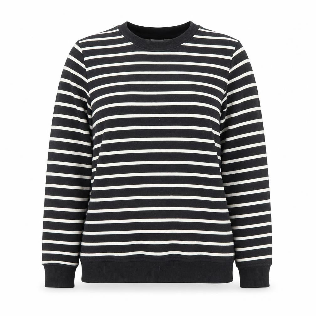 Front view of ICHI women’s black white striped cotton blend pullover sweatshirt, size S