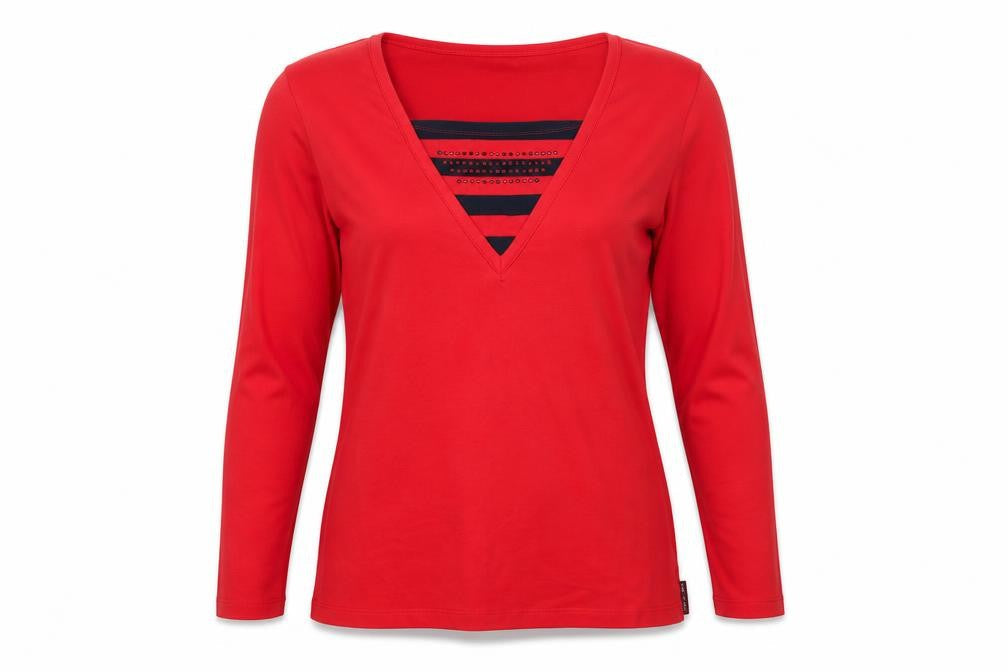 Hajo Women's Red Long Sleeve V-Neck Stretch Cotton T-Shirt Size 12