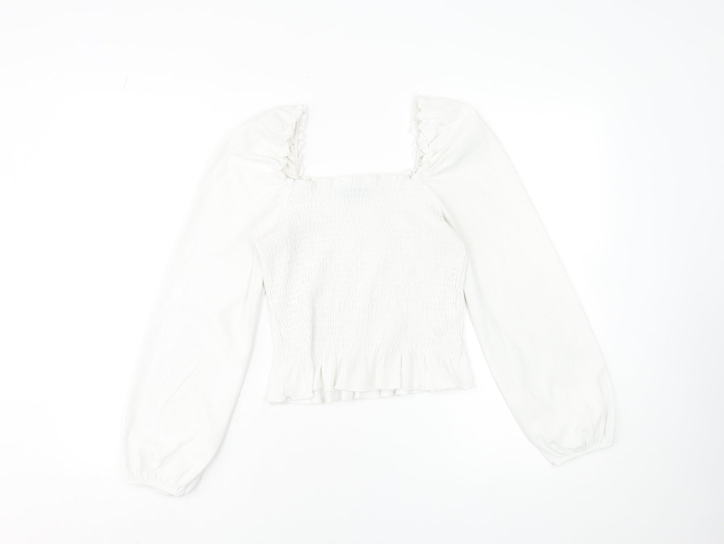 New Look Womens White Square Neck Ruffle Long Sleeve Blouse Size 10