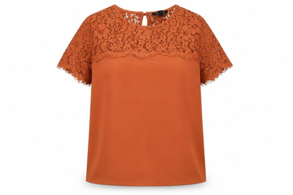 New Look Women's Brown Lace Short Sleeve Tunic Blouse Size 10