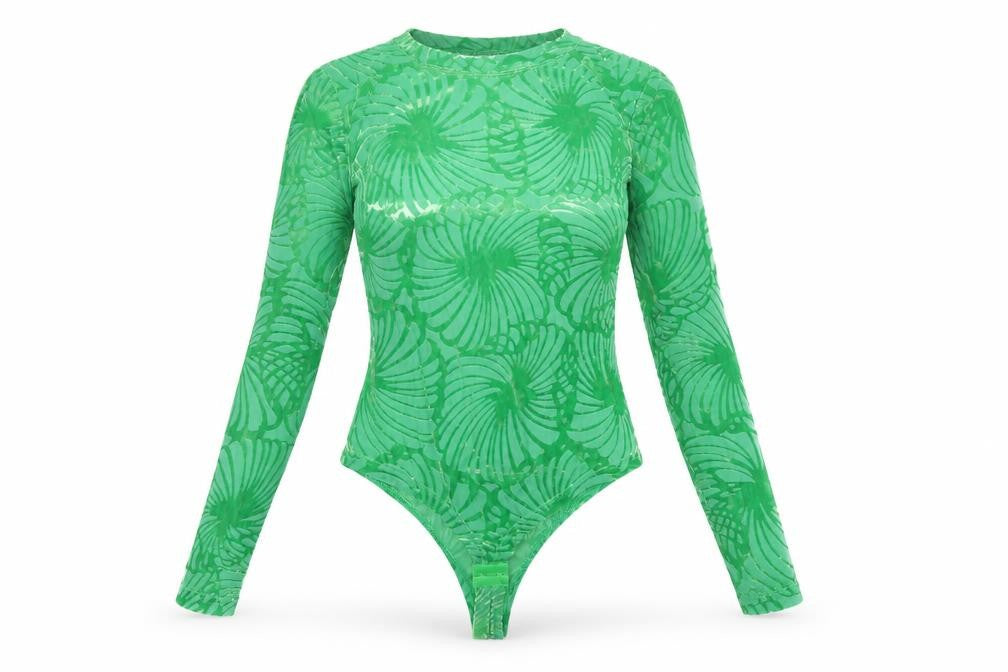 By Swan Paris Green Long Sleeve Bodysuit Women's Size M Floral Mesh Jumpsuit