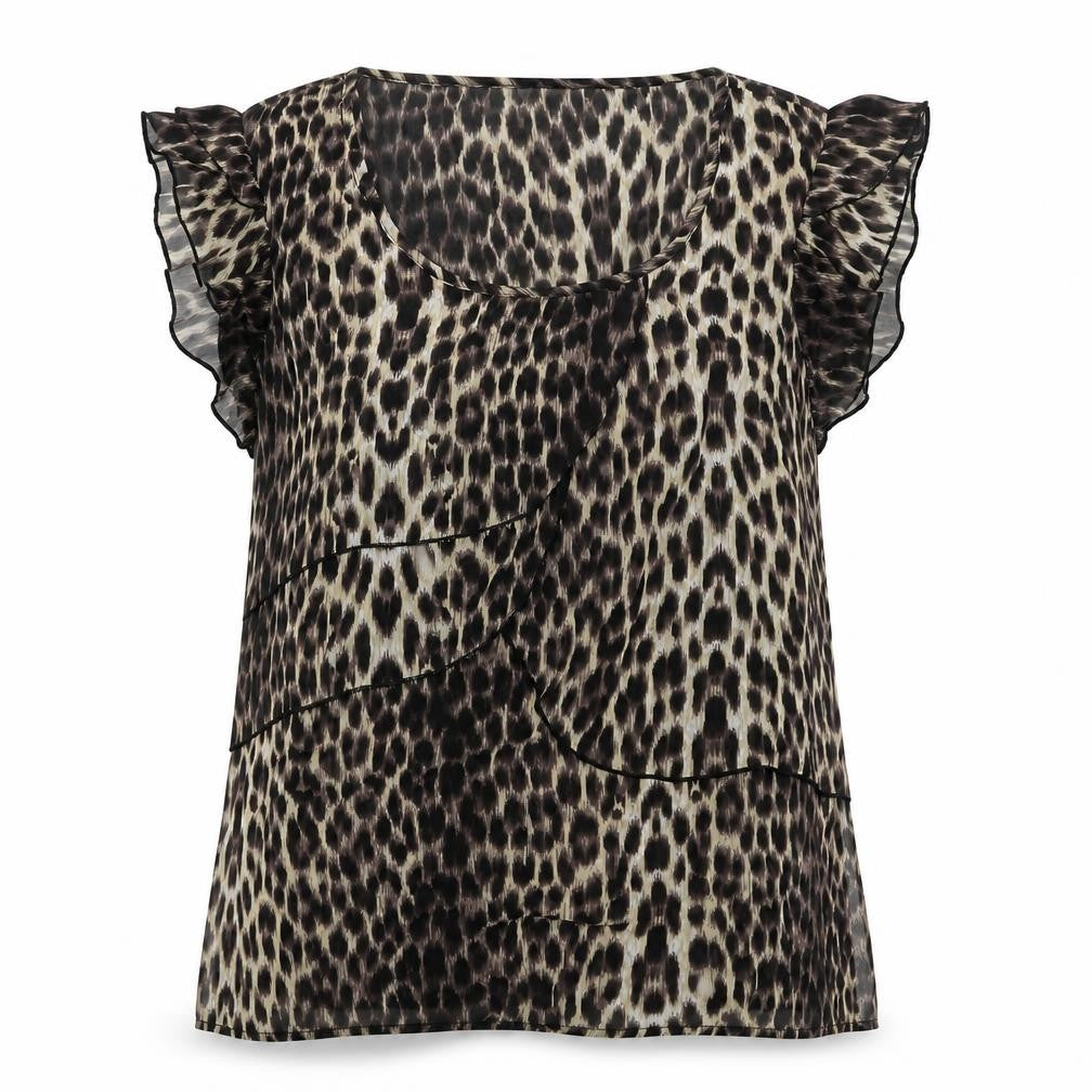 Vero Moda Women's Brown Animal Print Ruffle Chiffon Blouse Size L
