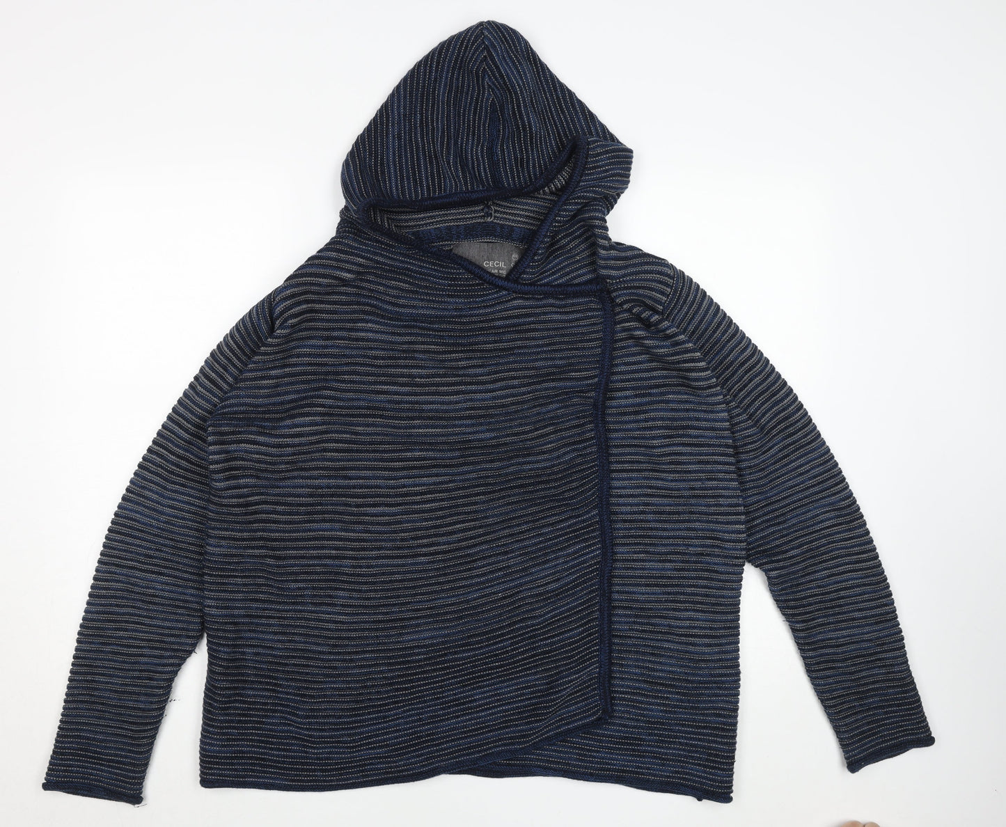 Cecil Women's Blue Striped Hooded Pullover Jumper Size S