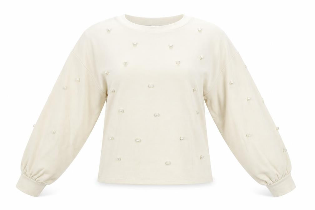 ZARA Women Beige Pearl Beaded Knit Balloon Sleeve Jumper Size 12
