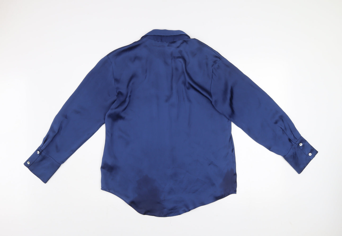 ZARA Women Blue Collared Satin Long Sleeve Button Blouse Size S