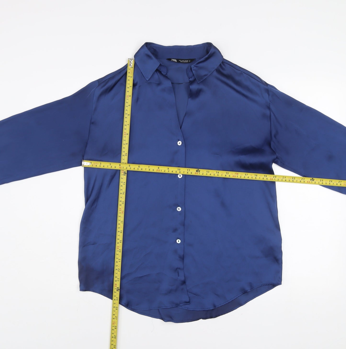 ZARA Women Blue Collared Satin Long Sleeve Button Blouse Size S