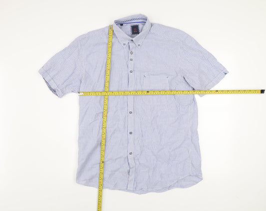 André Jeanswear Men's Blue Striped Cotton Short Sleeve Button-Up Shirt L