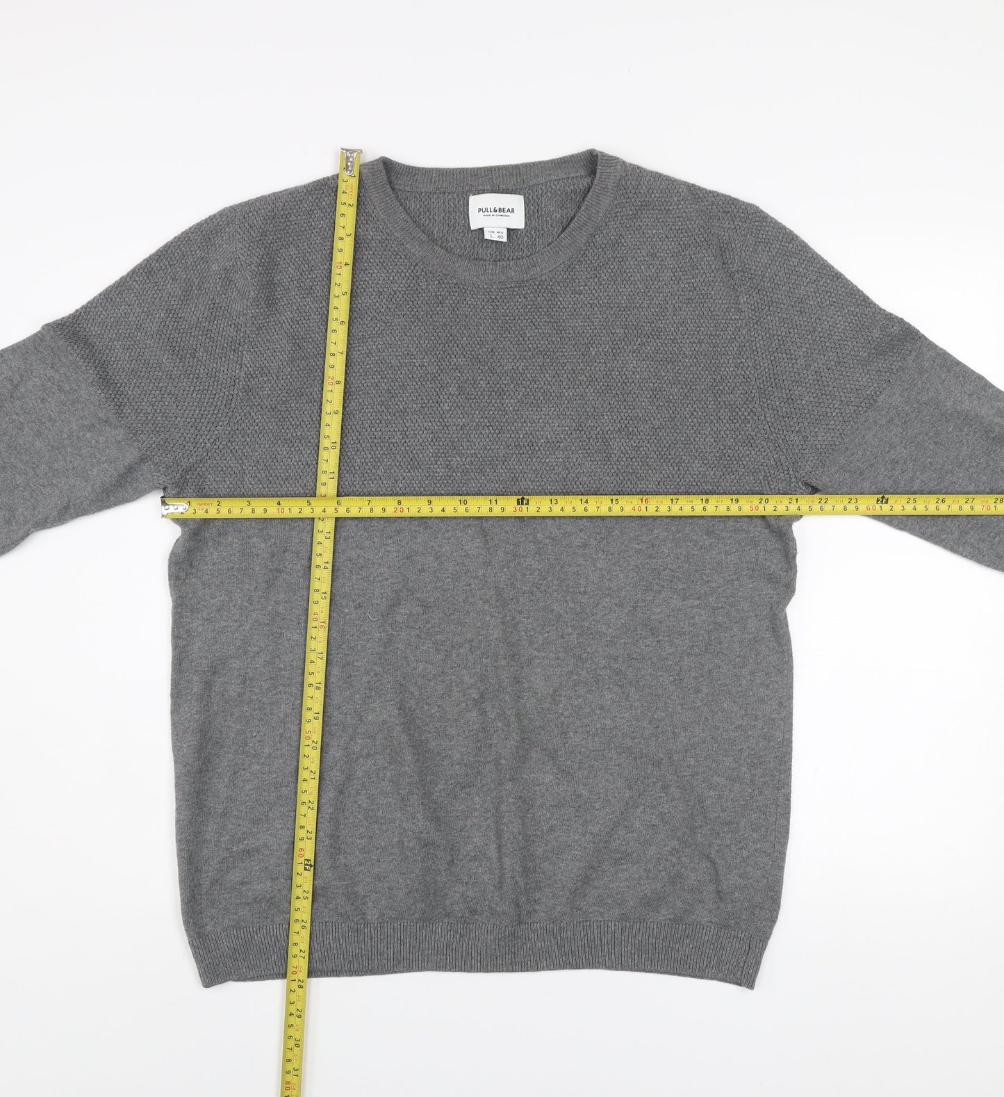 Pull & Bear Men's Grey Cotton Crew Neck Jumper Size L