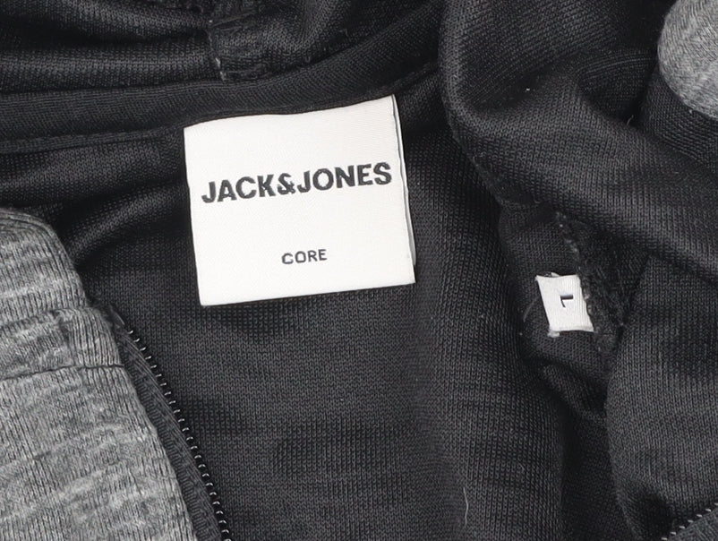 Jack & Jones Mens Black Grey Hooded Full Zip Jacket Size L