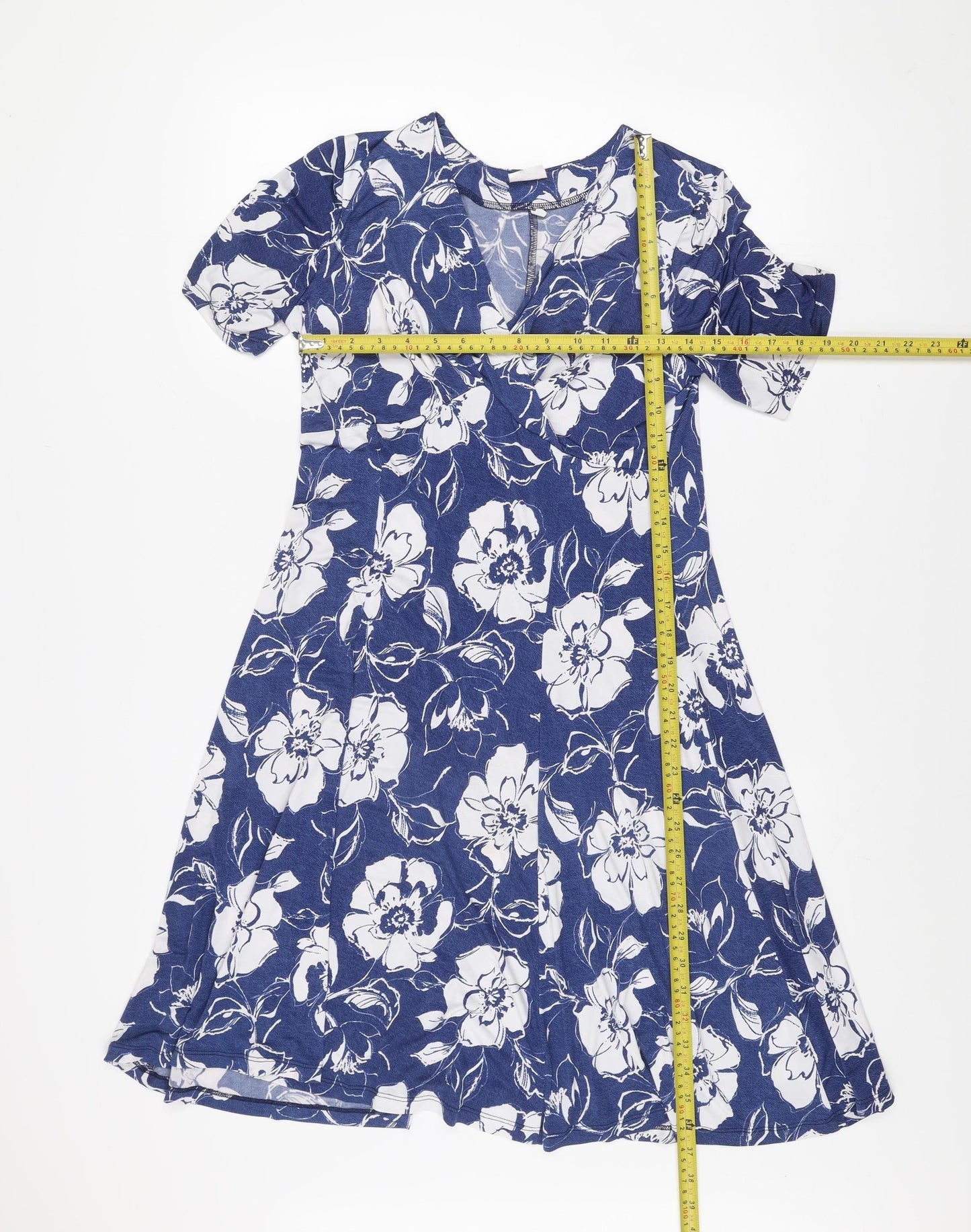 Angelo Women Blue Floral Fit & Flare V-Neck Short Sleeve Knee Length Dress Size 14