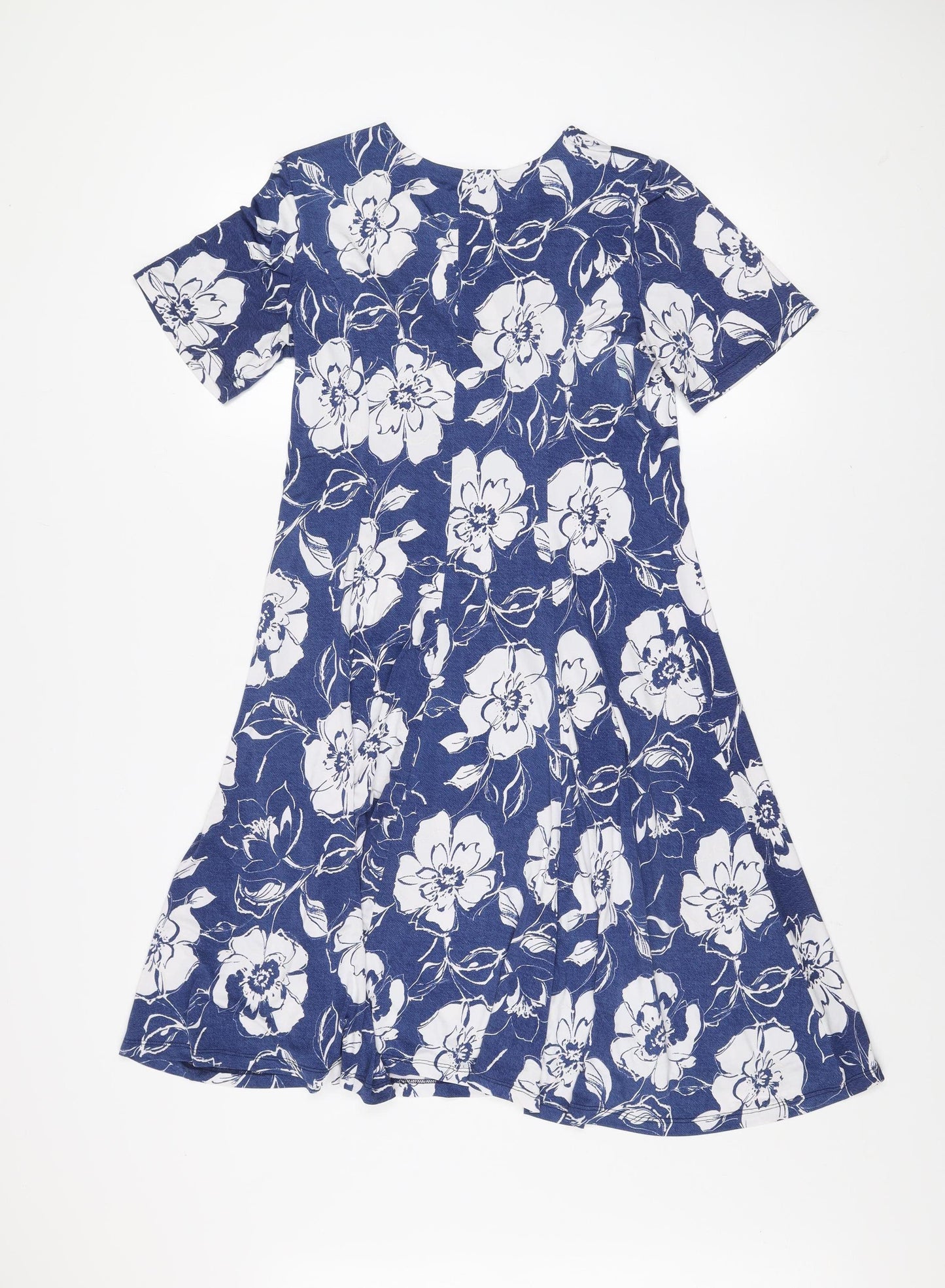 Angelo Women Blue Floral Fit & Flare V-Neck Short Sleeve Knee Length Dress Size 14