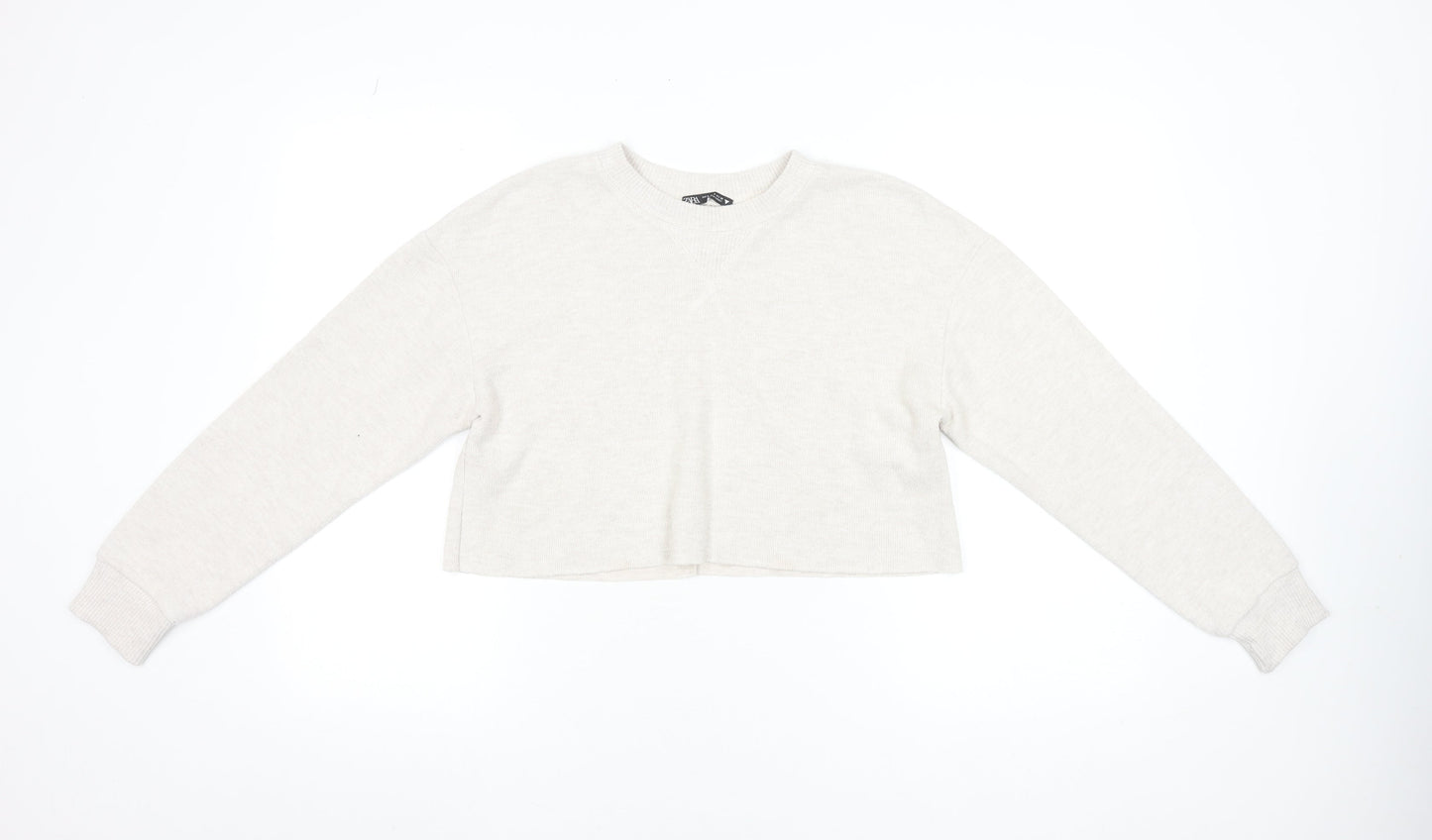 ZARA Women Beige Knit Crew Neck Cropped Long Sleeve Jumper Size S