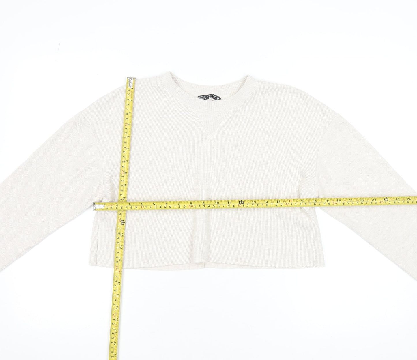 ZARA Women Beige Knit Crew Neck Cropped Long Sleeve Jumper Size S