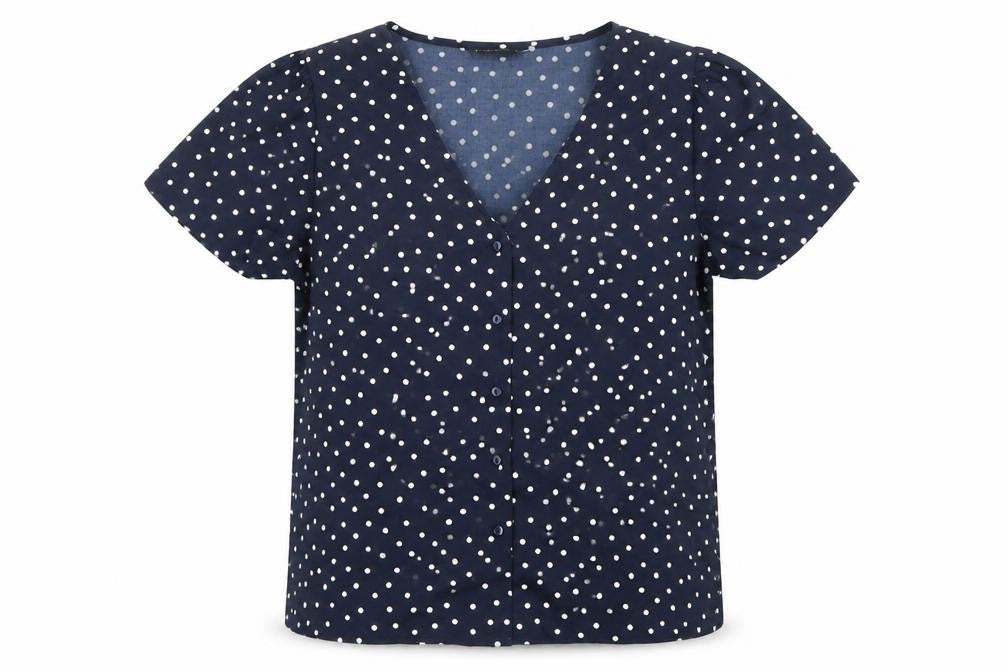 ONLY Womens Blue Polka Dot Short Sleeve V-Neck Button Blouse - Size L