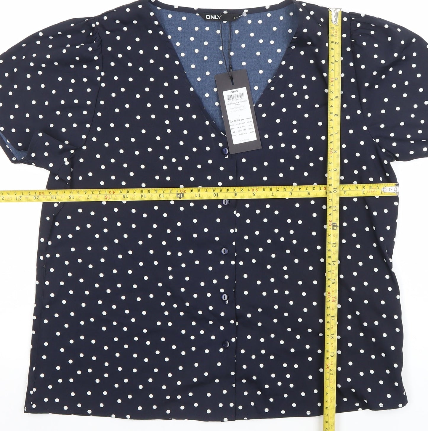 ONLY Womens Blue Polka Dot Short Sleeve V-Neck Button Blouse - Size L
