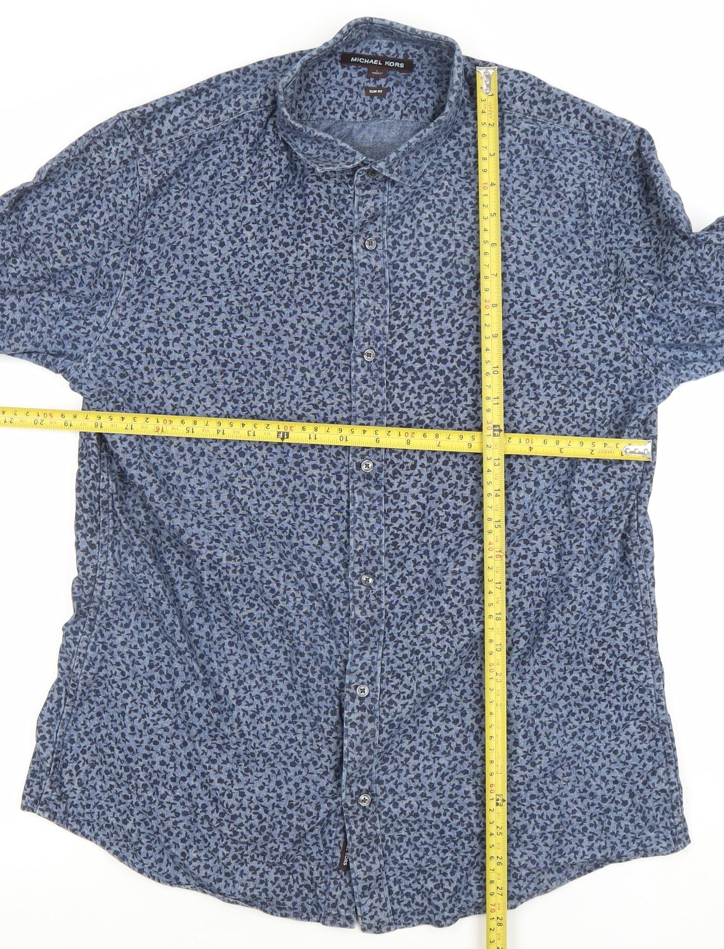 Michael Kors Men's Blue Floral Slim Fit Long Sleeve Cotton Shirt L