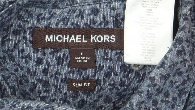 Michael Kors Men's Blue Floral Slim Fit Long Sleeve Cotton Shirt L