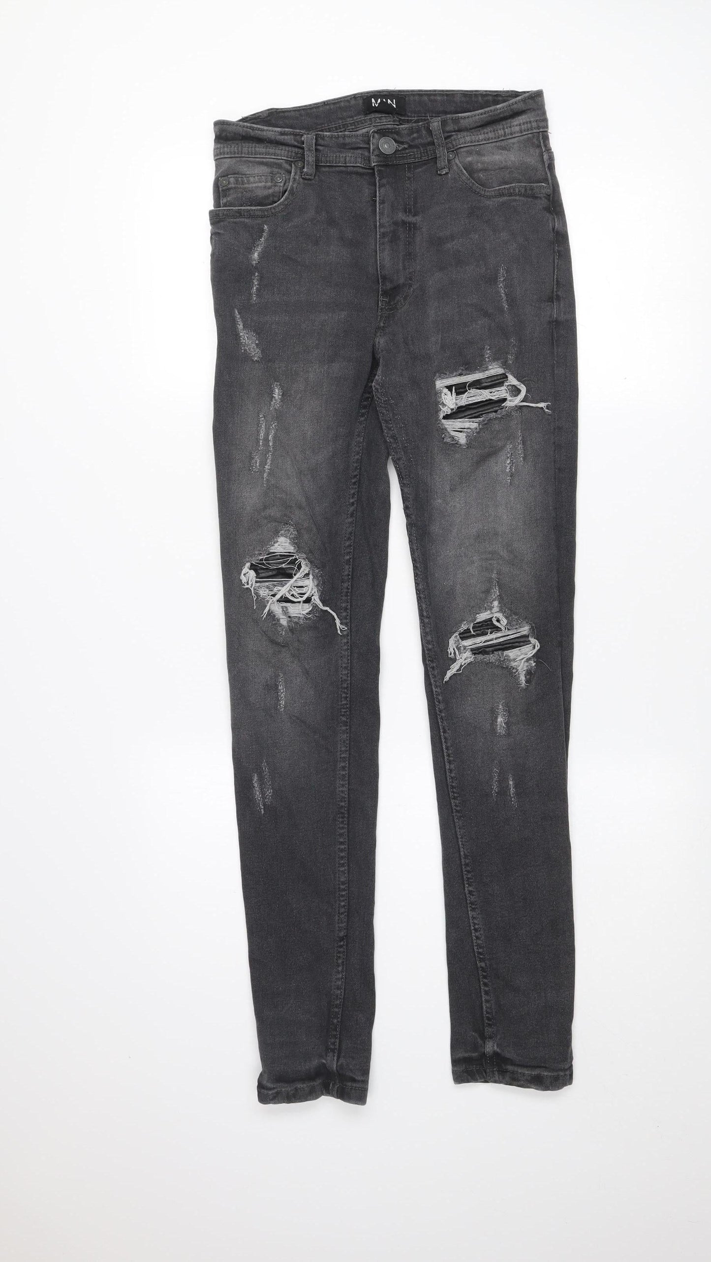 boohooMAN Men’s Grey Distressed Skinny Jeans 30R Slim Fit Denim