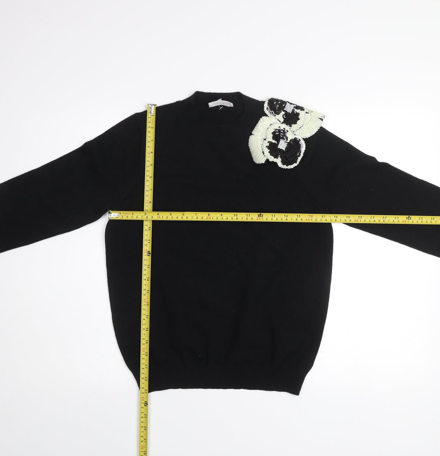 Savida Womens Black Sequin Shoulder Pullover Jumper Size L