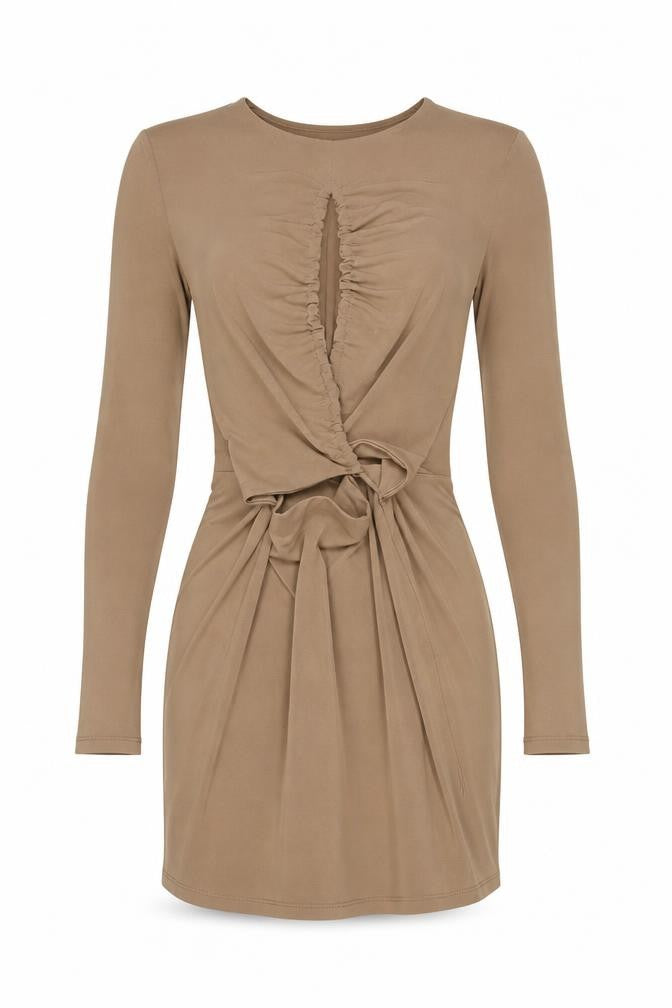 Pull & Bear Women Beige Ruched Bodycon Short Dress Size 8 Long Sleeve