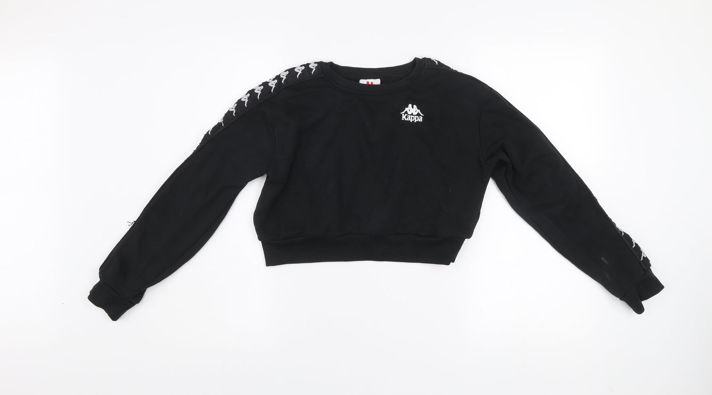 Kappa Womens Black Cropped Crew Neck Sweatshirt Small Logo Tape Sleeves