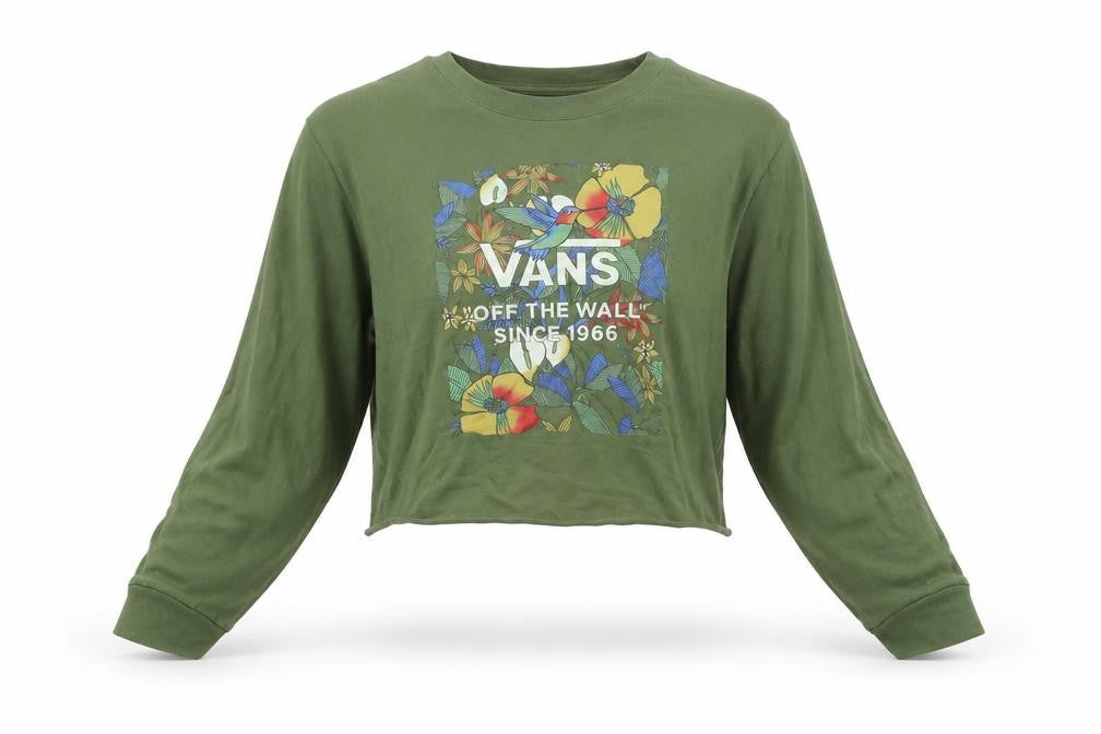 Vans Women Khaki Green Cropped Pullover Sweatshirt Medium Floral Print